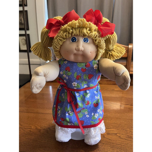 1980s Cabbage Patch Kid Blonde Pigtails Blue Eyes HM2 Strawberry Patch Dress
