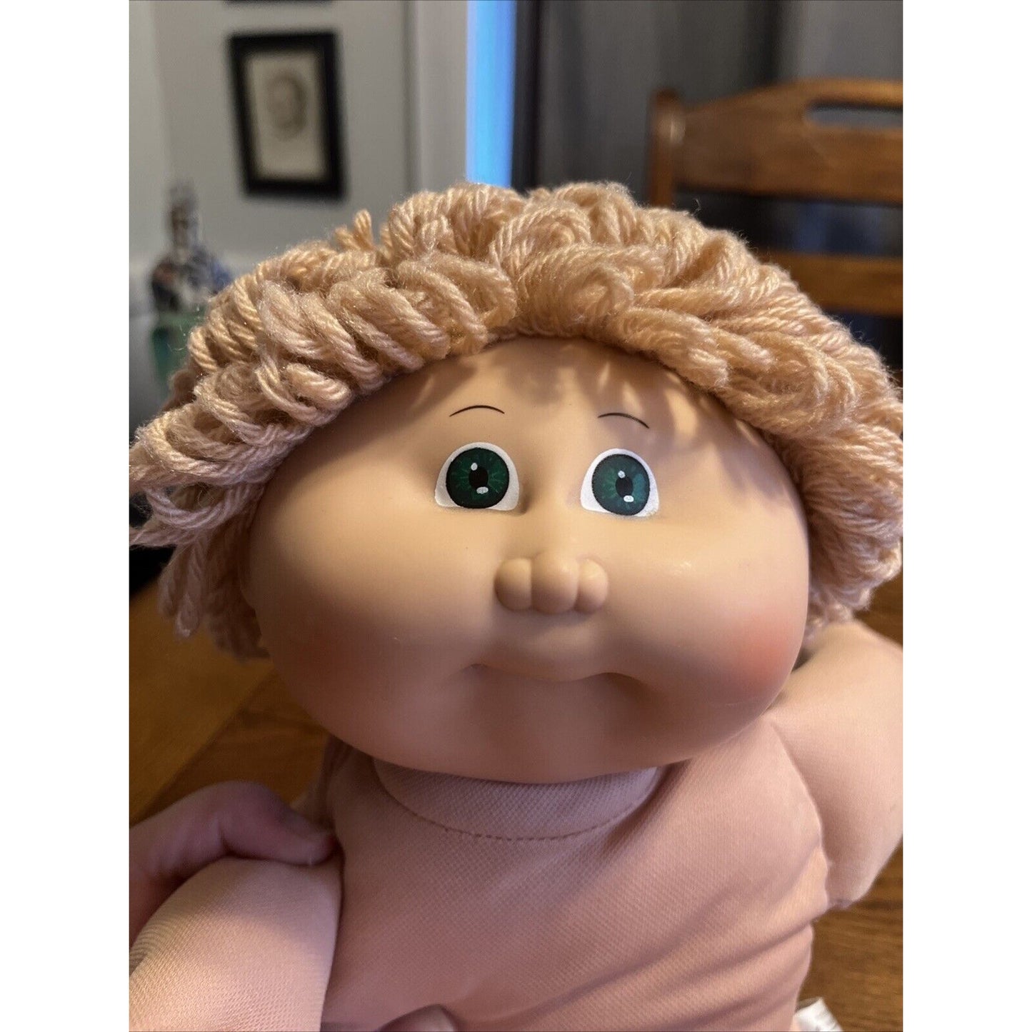 1980s Cabbage Patch Kid Wheat Blonde Hair Green Eyes Camo Dress Green Bows