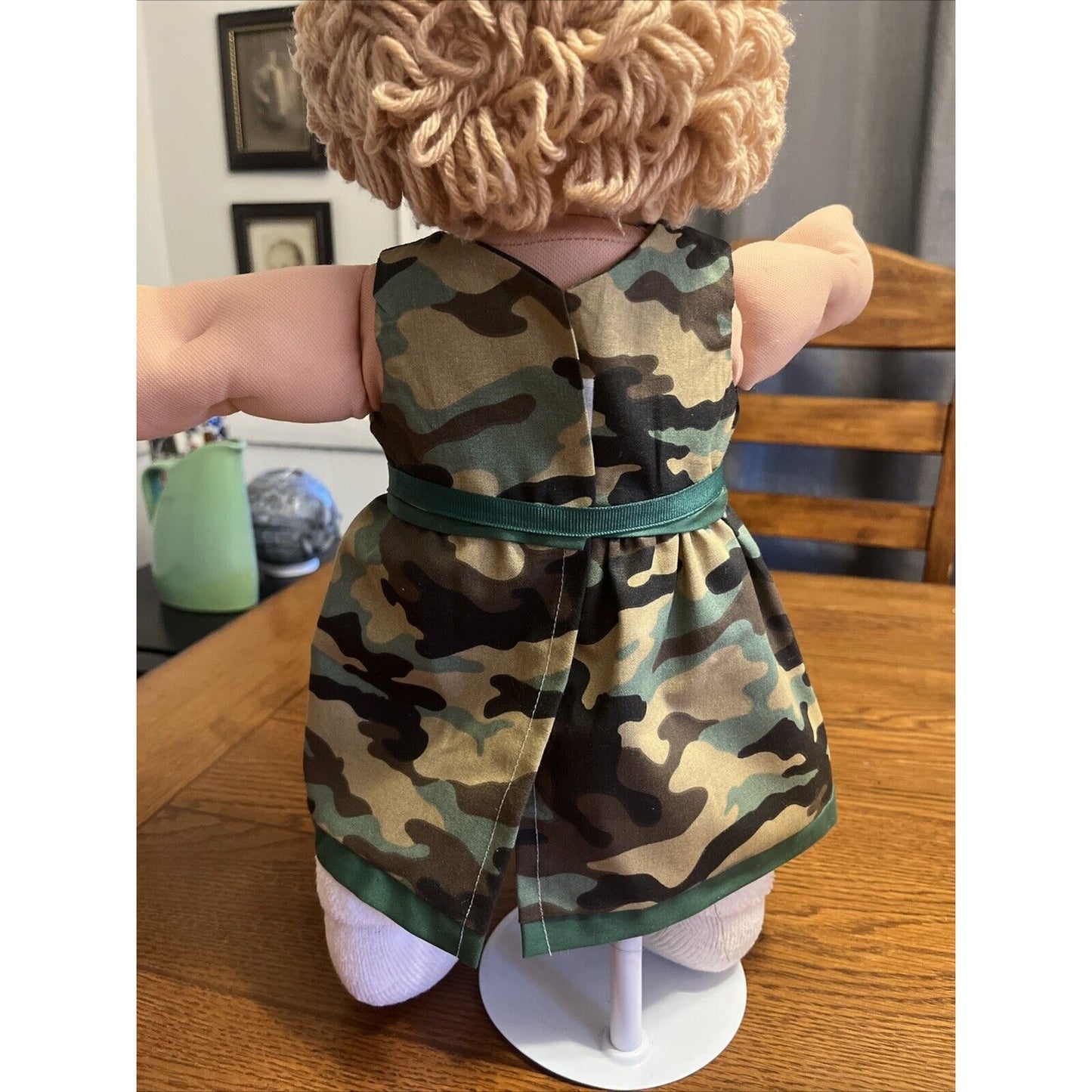 1980s Cabbage Patch Kid Wheat Blonde Hair Green Eyes Camo Dress Green Bows