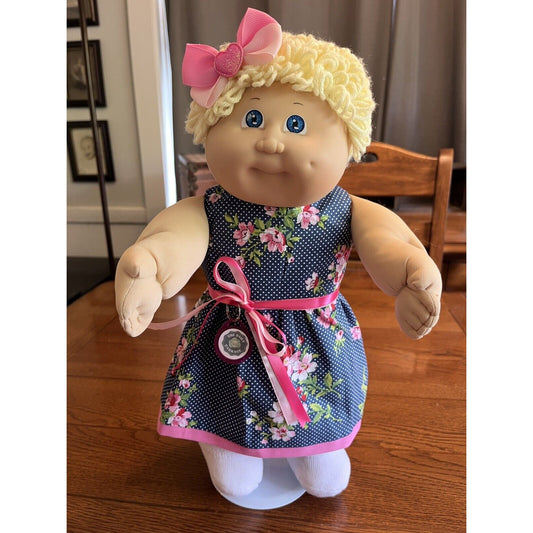 1980s Cabbage Patch Kid Lemon Hair Blue Eyes Navy Polkadot Pink Flower Dress