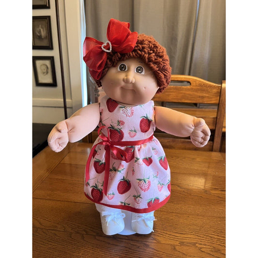 1980s Cabbage Patch Kid Auburn Hair Brown Eyes OK Pink & Red Strawberry Dress