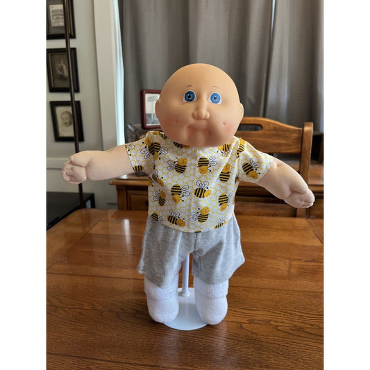 1980s Cabbage Patch Kid Bald Blue Eyes Blush Cheeks Dimples Bumble Bee Shirt