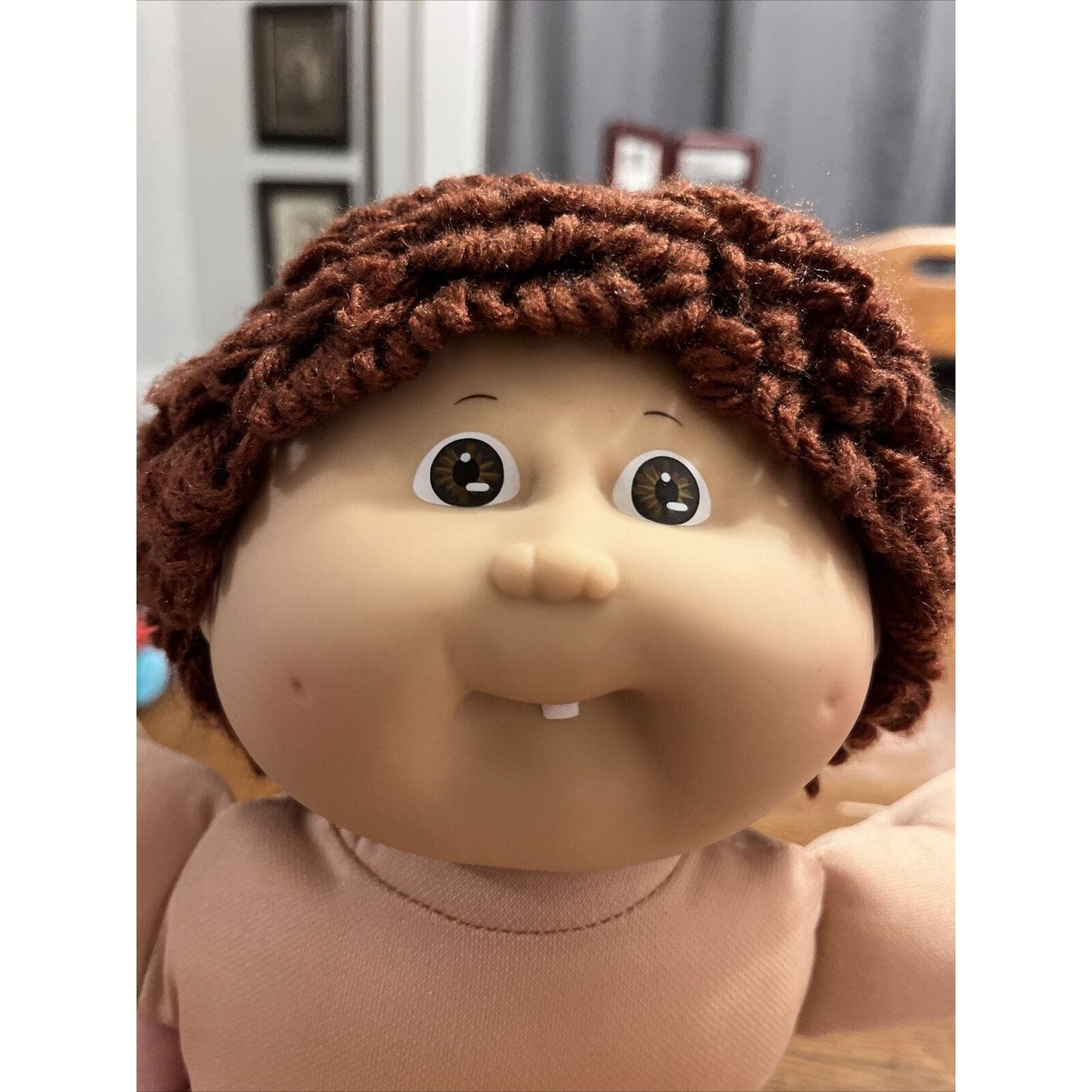 1980s Cabbage Patch Kid Brown Hair & Eyes One Tooth IC3 Red Poppy Flower Dress