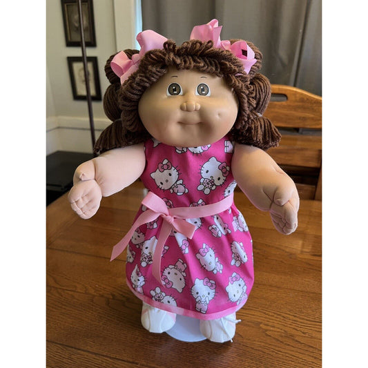 1980s Cabbage Patch Kid Brown Pigtails & Eyes Pink Hello Kitty Dress & Sneakers