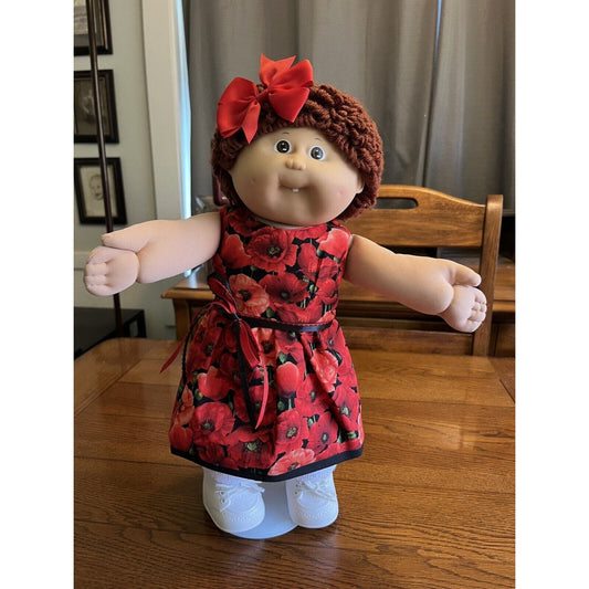 1980s Cabbage Patch Kid Brown Hair & Eyes One Tooth IC3 Red Poppy Flower Dress