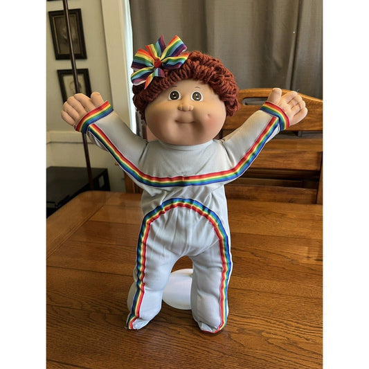 1980s Cabbage Patch Kid Brown Hair & Eyes Dimple Rainbow Gymnastics Suit Bow