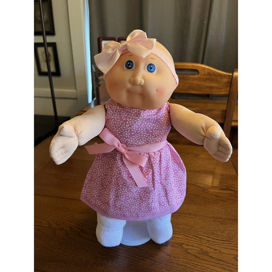 1980s Cabbage Patch Kid Bald Blue Eyes Blush Dimples Pink Floral Dress Headband