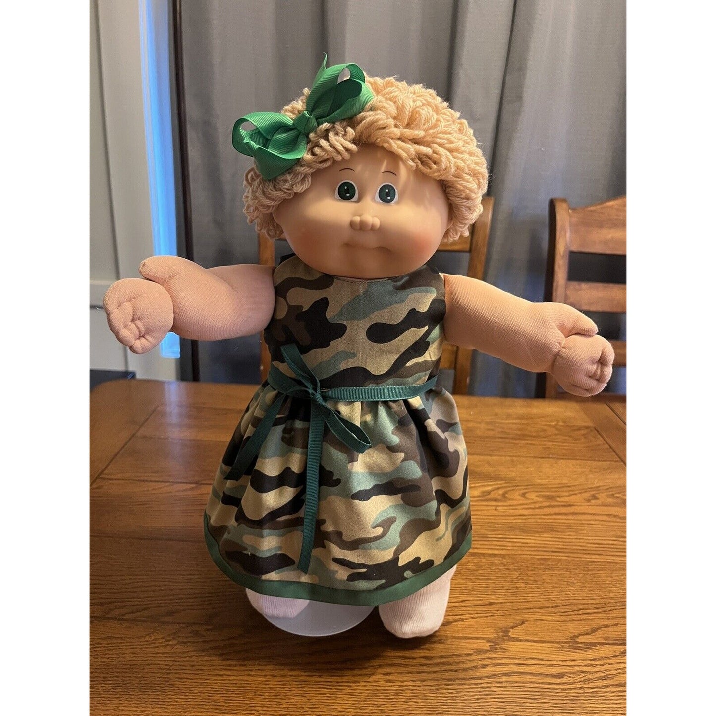 1980s Cabbage Patch Kid Wheat Blonde Hair Green Eyes Camo Dress Green Bows