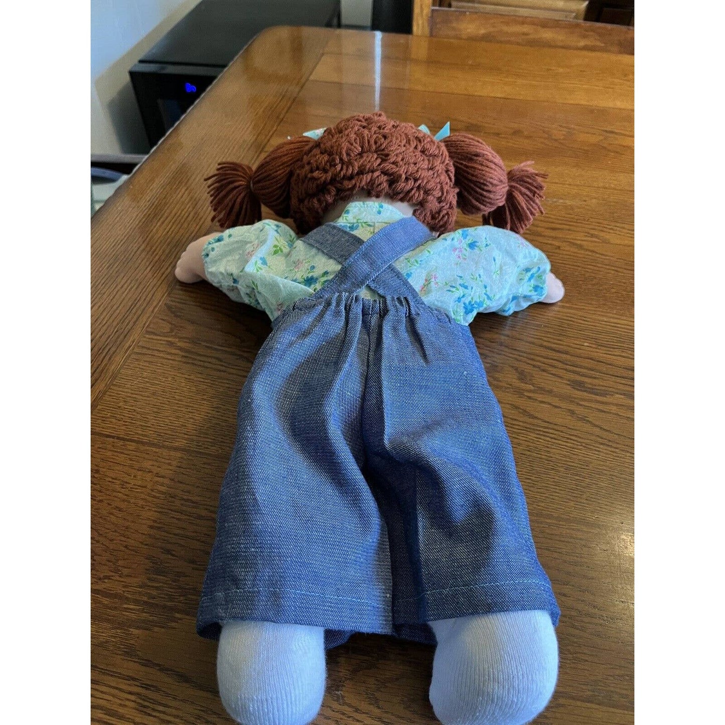 1980s Cabbage Patch Kid Brown Poodle Pigtails & Eyes Overalls Floral Shirt Bows