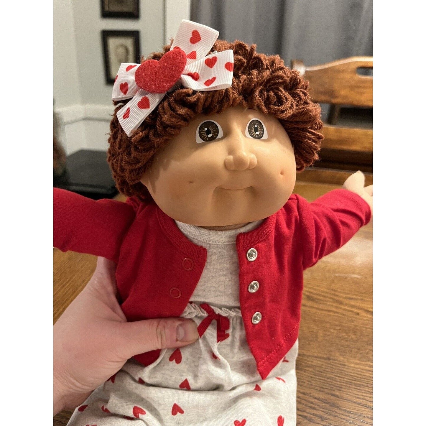 1980s Cabbage Patch Kid Brown Hair & Eyes Red Heart Valentine Dress & Cardigan