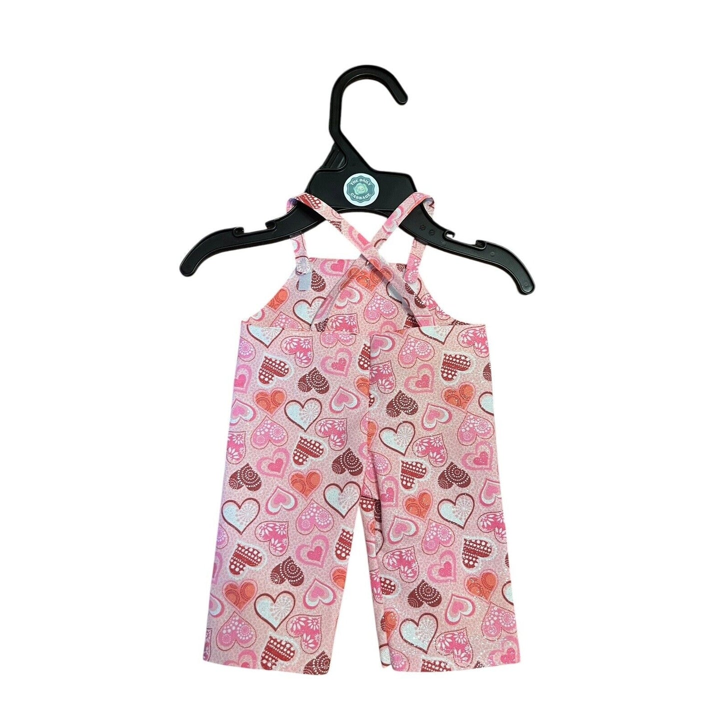 Handmade Overalls For Cabbage Patch Kid 16” Doll - Pink Shimmer Valentine Hearts