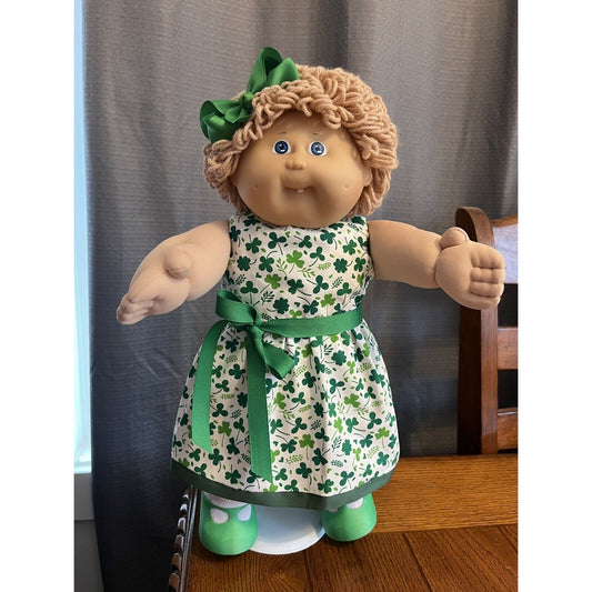 1980s Cabbage Patch Kid Blonde Hair Blue Eyes Tooth Shamrock St Patrick Dress