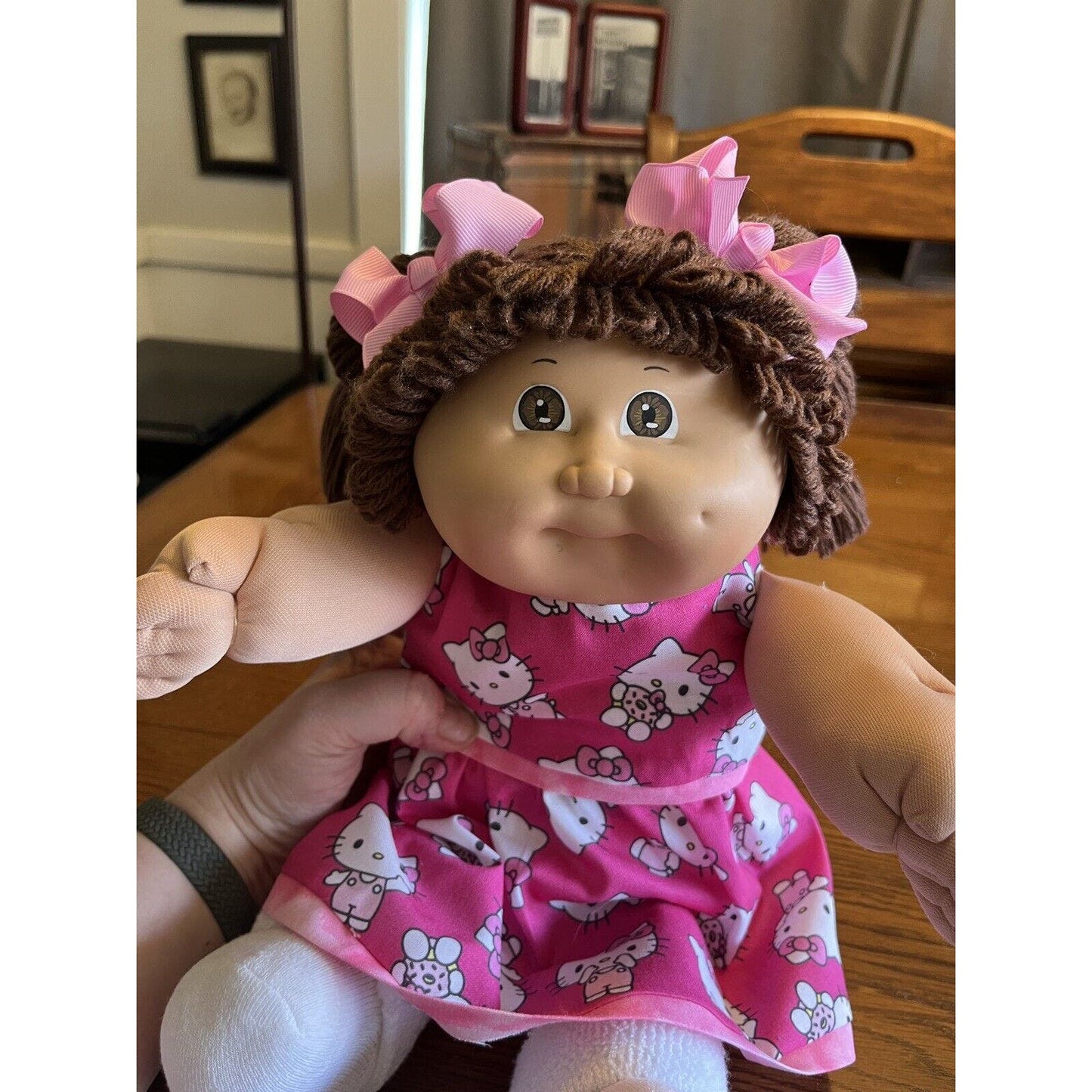 1980s Cabbage Patch Kid Brown Pigtails & Eyes Pink Hello Kitty Dress & Sneakers