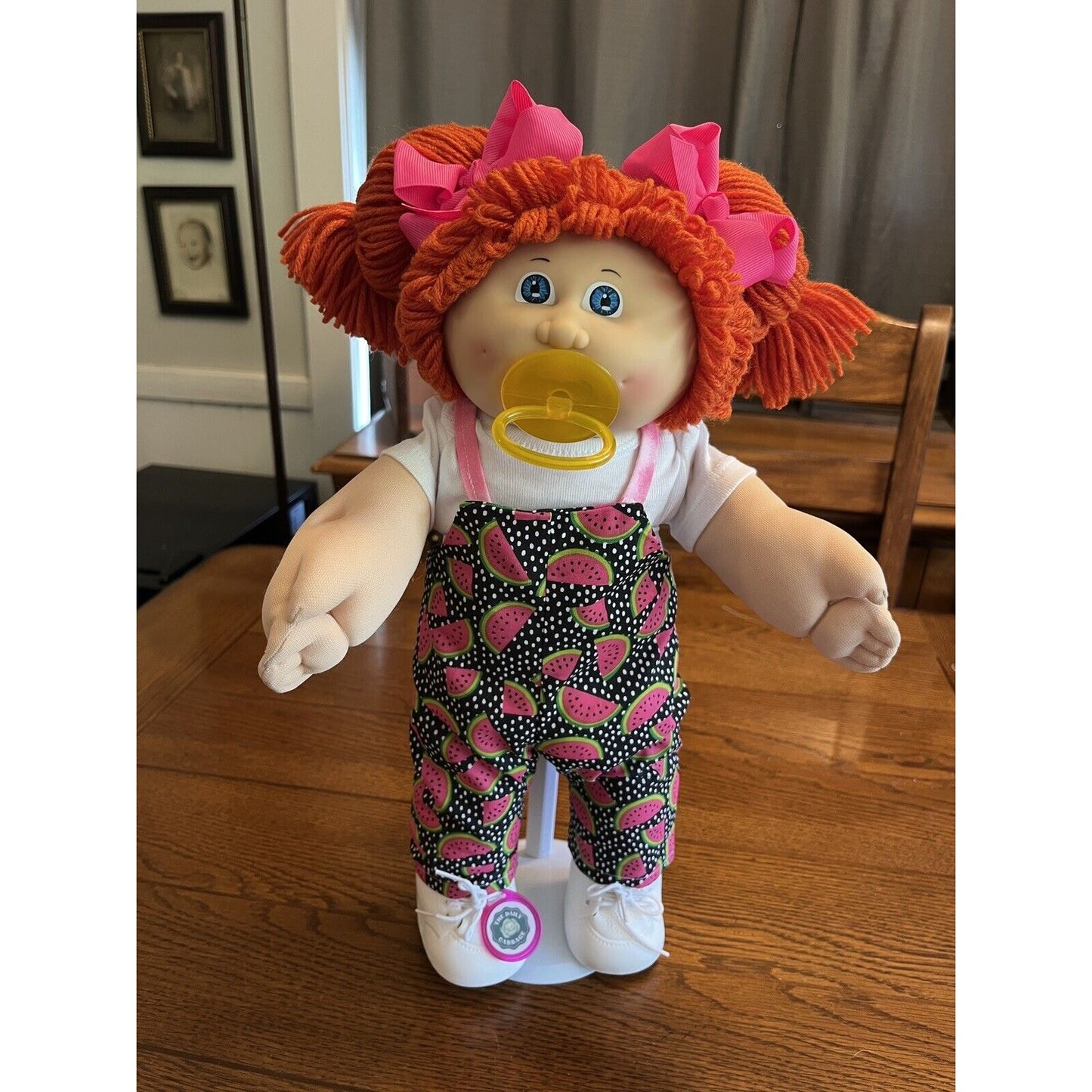 1980s Cabbage Patch Kid Red Pigtails Blue Eyes Paci IC1 Watermelon Overalls Cute
