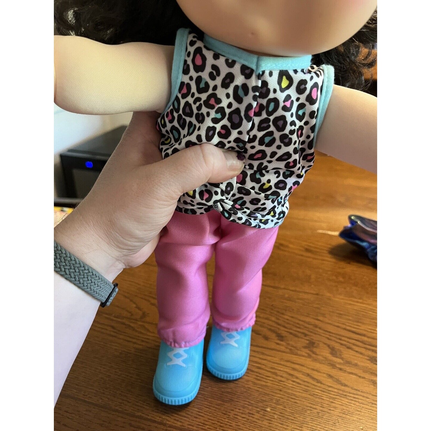 2020 Cabbage Patch Kid Black Curly Hair Blue Eyes Leopard Shirt Headphones