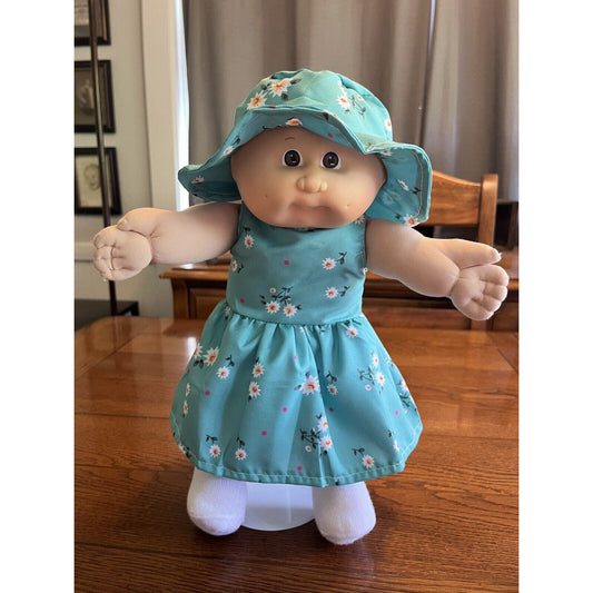 1980s Cabbage Patch Kid Preemie Baby Bald Brown Eyes Floral Dress And Sun Hat