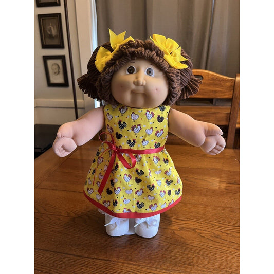 1980s Cabbage Patch Kid Brown Pigtails & Eyes IC1 HM2 Yellow & Red Chicken Dress