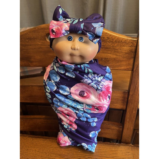 1980s Cabbage Patch Kid Preemie Bald Blue Eyes Purple Pink Floral Swaddle Wrap