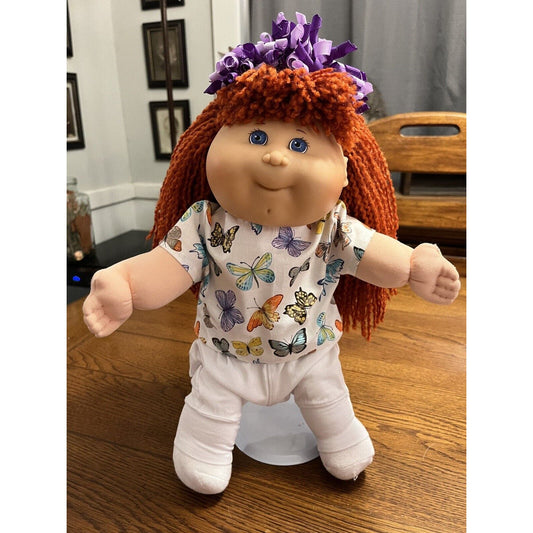 1980s Cabbage Patch Kid Red Crimped Hair Blue Eyes Butterfly Shirt Purple Bows