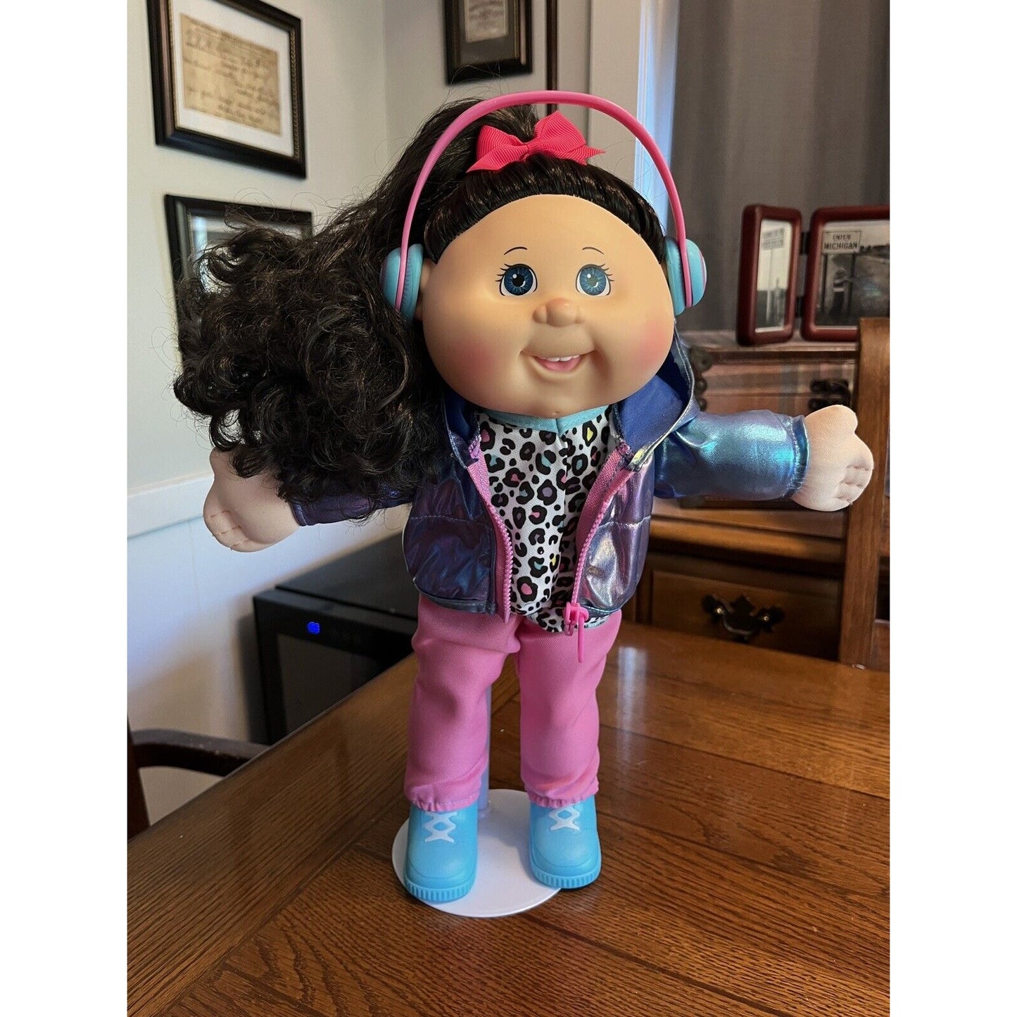 2020 Cabbage Patch Kid Black Curly Hair Blue Eyes Leopard Shirt Headphones