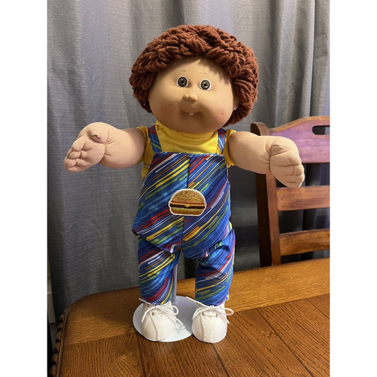 1980s Cabbage Patch Kid Brown Hair Brown Eyes Boy Colorful Hamburger Overalls