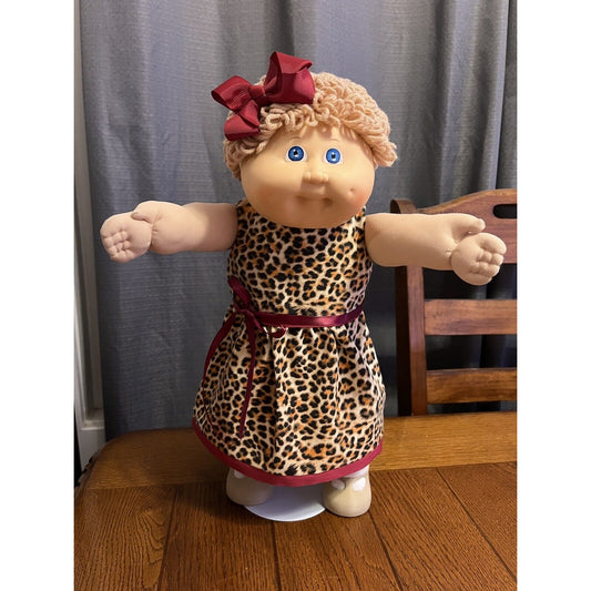 1980s Cabbage Patch Kid Blonde Blue Eyes Blush Cheeks Leopard Cat Print Dress