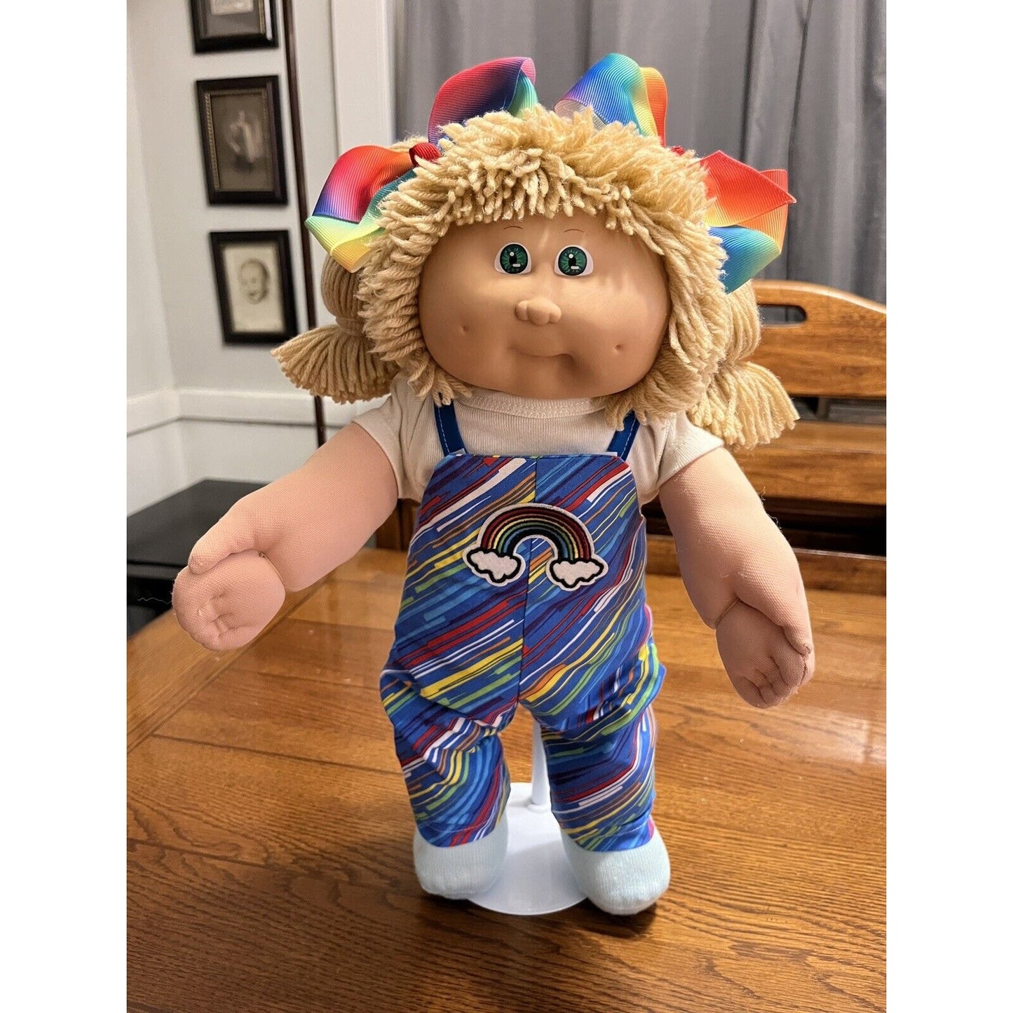 1980s Cabbage Patch Kid Blonde Lions Mane Green Eyes Rainbow Overalls Cute