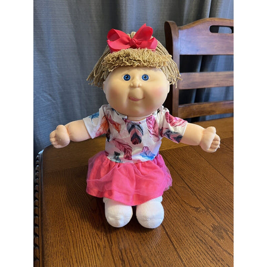 1990s Crimp N Curl Cabbage Patch Kid Blonde Blue Eyes Tongue Pink Feather Dress