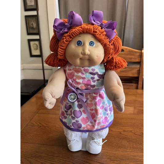 1980s Cabbage Patch Kid Red Hair Blue Eyes Flannel Pastel Rainbow Heart Dress