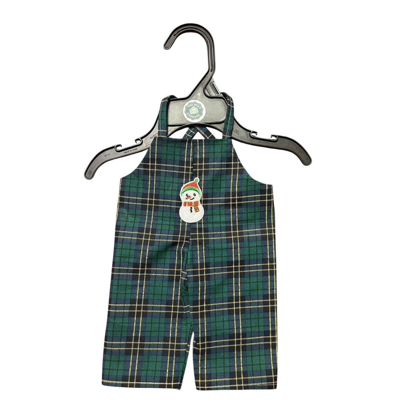 Handmade Overalls For Cabbage Patch Kid 16” Doll - Christmas Green Plaid Snowman