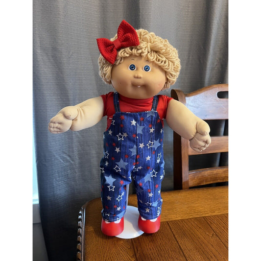 1980s Cabbage Patch Kid Blonde Hair Blue Eyes One Tooth Patriotic USA Overalls