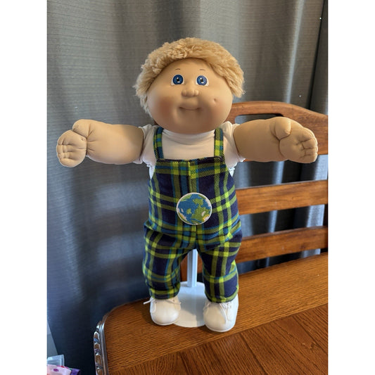 1980s Cabbage Patch Kid Fuzzy Blonde Boy Blue Eyes Plaid Overalls Earth Patch