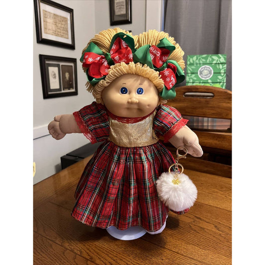 1980s Cabbage Patch Kid Blonde Bun Pigtails Blue Eyes Gold Red Plaid Christmas