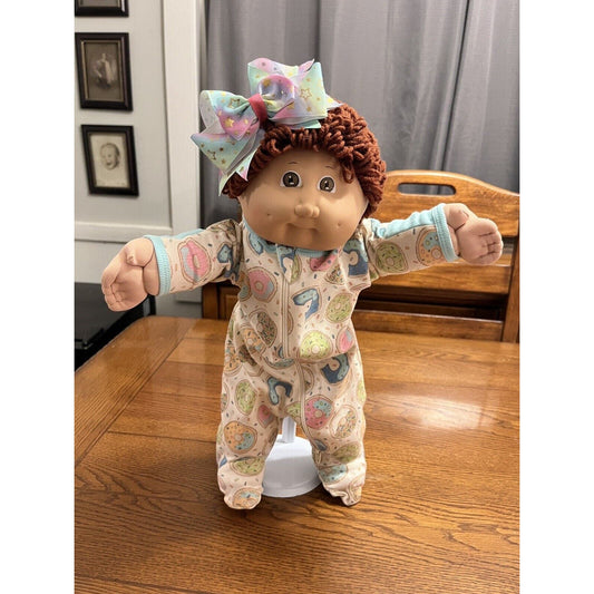 1980s Cabbage Patch Kid Brown Hair & Eyes Pastel Donuts Footie Pajamas & Bow