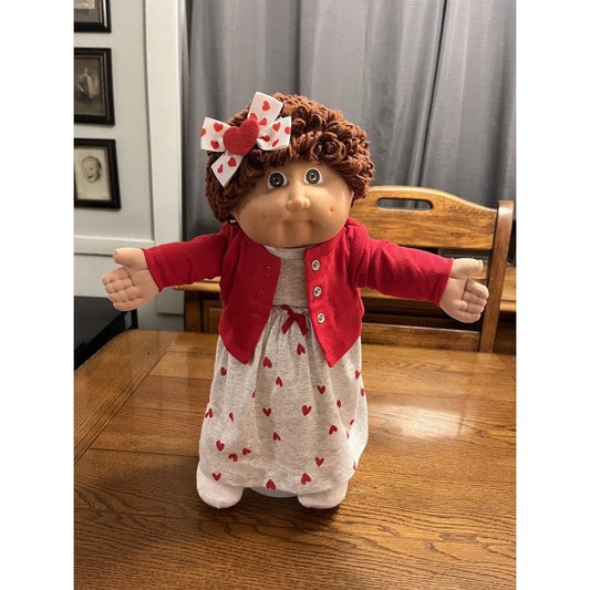 1980s Cabbage Patch Kid Brown Hair & Eyes Red Heart Valentine Dress & Cardigan